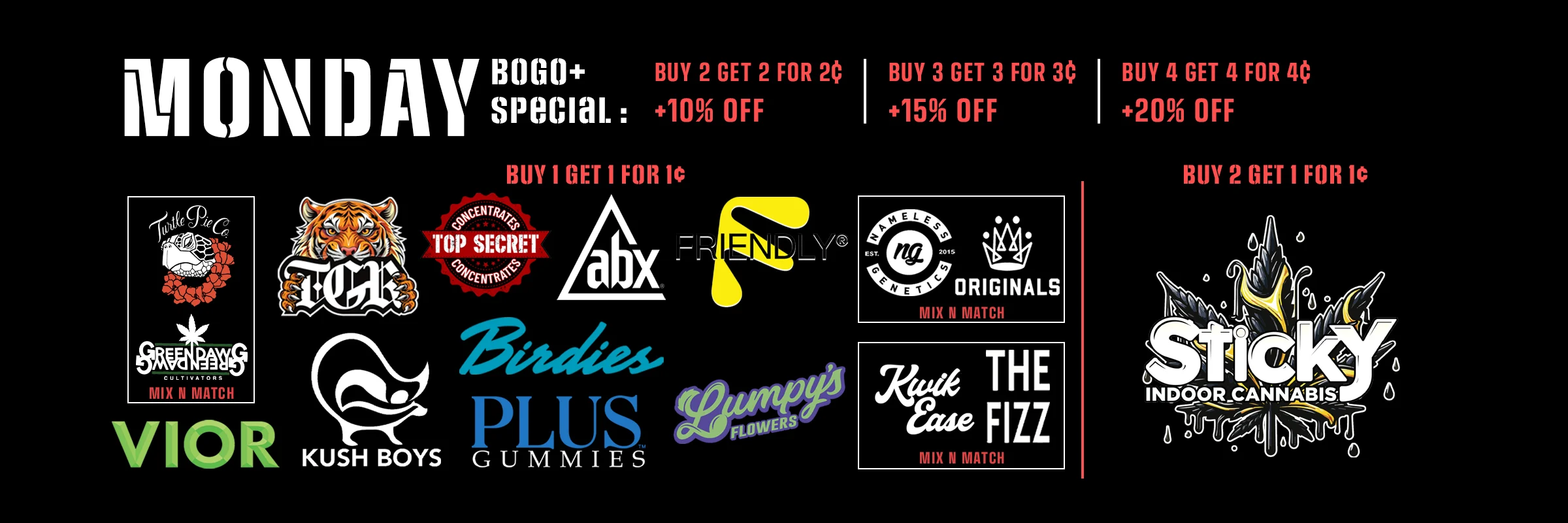 Monday - BOGO+ Special: Buy 2 Get 2 for 2¢ get extra 10% off. Buy 3 Get 3 for 3¢ get extra 15% off. Buy 4 Get 4 for 4¢ get extra 20% off.