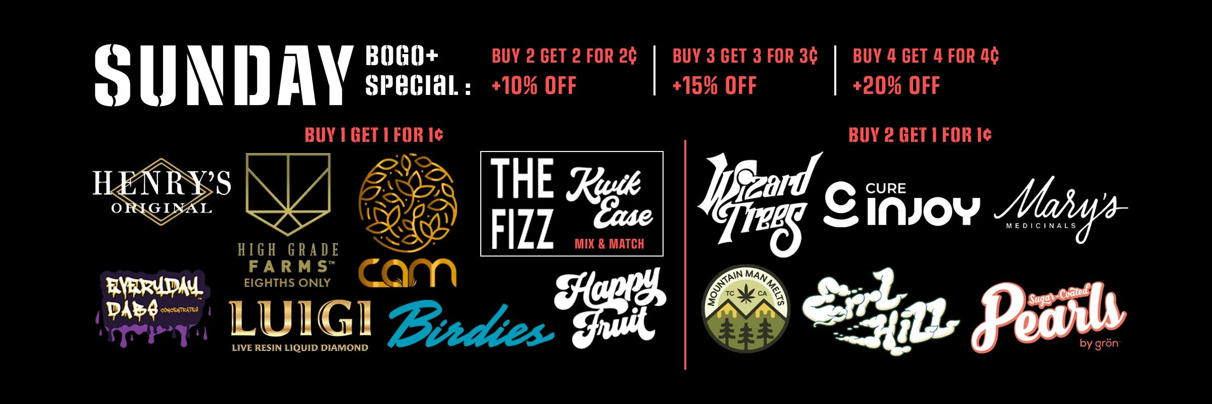 Sunday - BOGO+ Special: Buy 2 Get 2 for 2¢ get extra 10% off. Buy 3 Get 3 for 3¢ get extra 15% off. Buy 4 Get 4 for 4¢ get extra 20% off.