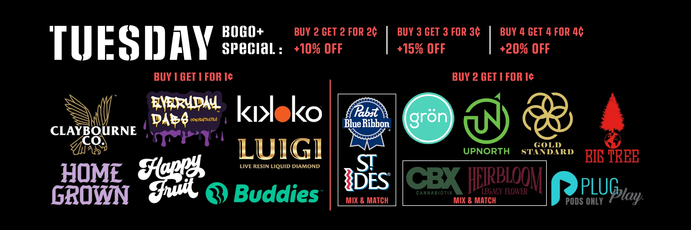 Tuesday - BOGO+ Special: Buy 2 Get 2 for 2¢ get extra 10% off. Buy 3 Get 3 for 3¢ get extra 15% off. Buy 4 Get 4 for 4¢ get extra 20% off.