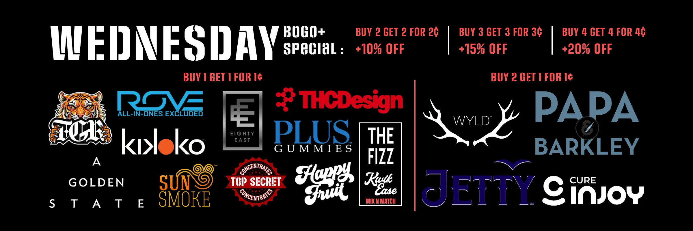 Wednesday - BOGO+ Special: Buy 2 Get 2 for 2¢ get extra 10% off. Buy 3 Get 3 for 3¢ get extra 15% off. Buy 4 Get 4 for 4¢ get extra 20% off.