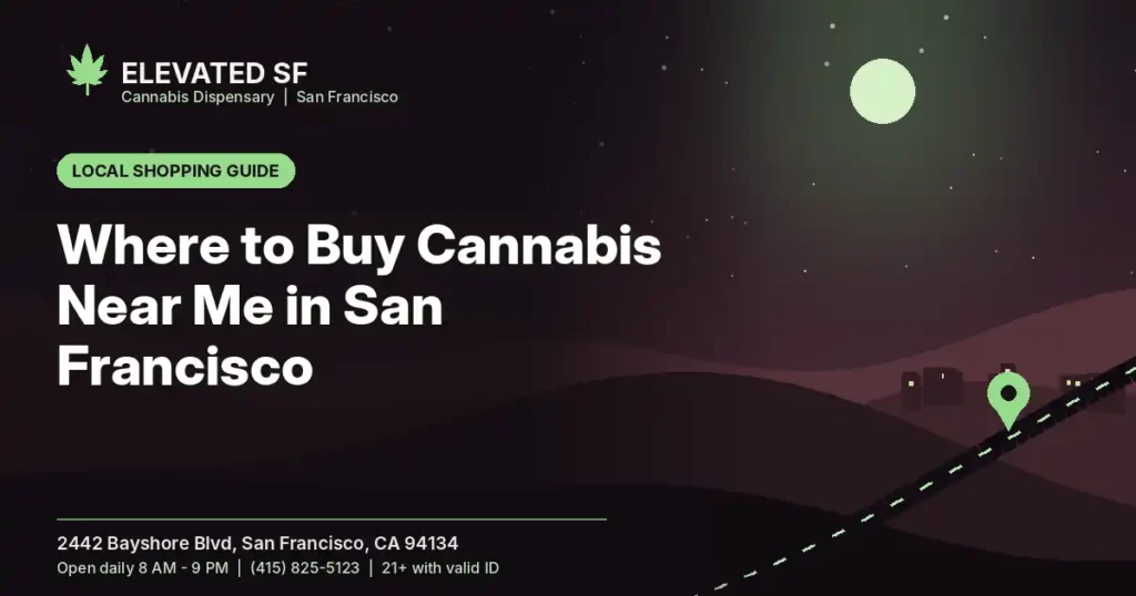 Illustrated Elevated SF featured image for Where to Buy Cannabis Near Me in San Francisco, with the store address 2442 Bayshore Blvd, San Francisco